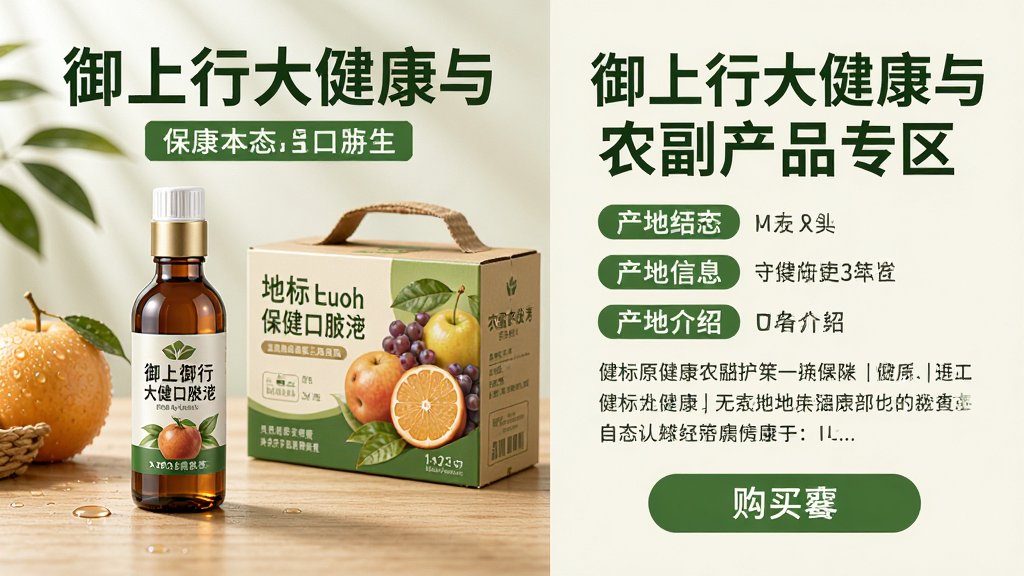主体:御上行大健康与农副产品专区,展示一瓶保健口服液和一箱地标水果。布局:左图为产品实拍,右图为产品信息与产地介绍,下方为购买按钮。排版:图文并茂,产品名称用大号字体,产地用绿色标签标注。风格:自然清新,色调以绿色和米色为主,体现健康原生态。细节:水果上带有水珠,口服液瓶身有反光,背景为简约木纹桌面。画质:超清画质,干净,无多余元素。