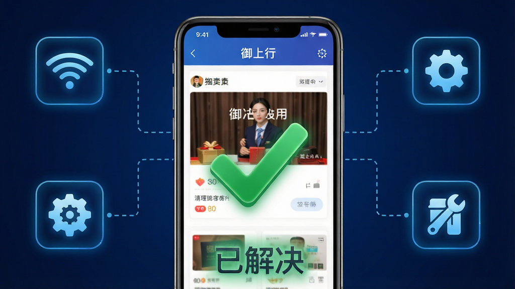 主体:手机屏幕显示御上行应用,周围有WiFi图标、设置齿轮和清理缓存工具图标。布局:中央为手机屏幕特写,周围环绕功能图标,底部为“已解决”绿色对勾。排版:图标排列有序,用虚线连接手机屏幕,形成流程图风格。风格:科技感,背景为深蓝色,图标带有发光效果。细节:手机屏幕内展示拍卖页面,对勾图标醒目。画质:高清,干净,无多余元素。