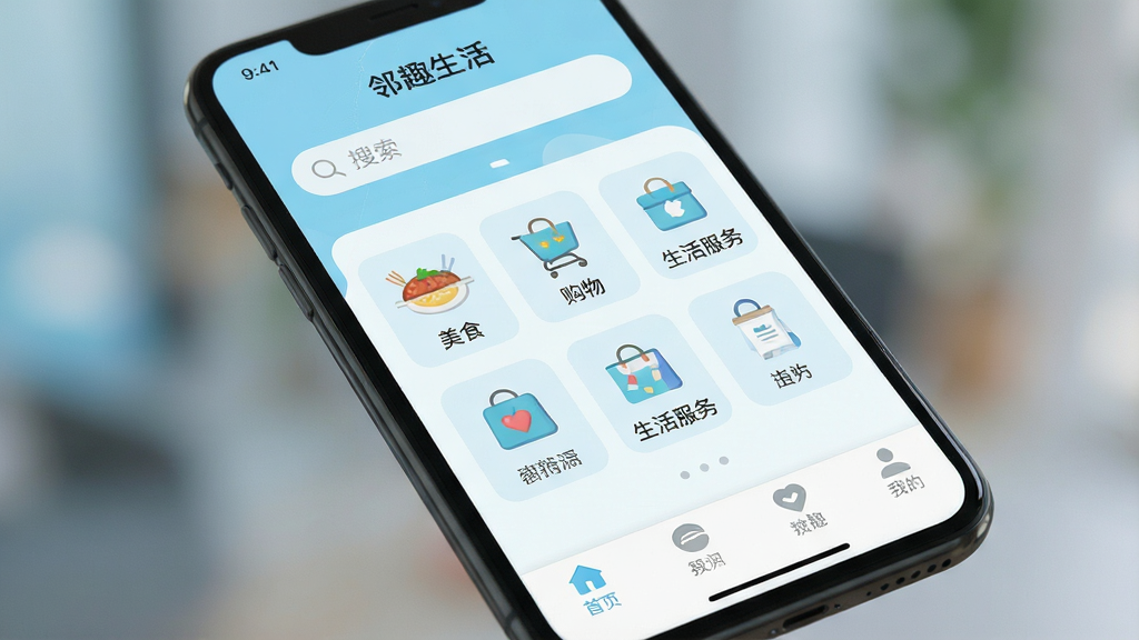一张智能手机屏幕特写,屏幕中清晰显示“邻趣生活”APP的首页界面,界面布局简洁清晰,顶部是搜索栏,中间是分类图标如美食、购物、生活服务,底部是功能导航栏,背景虚化,整体风格现代、清新,浅蓝色主色调,画面干净,细节丰富,高清画质,无多余元素。