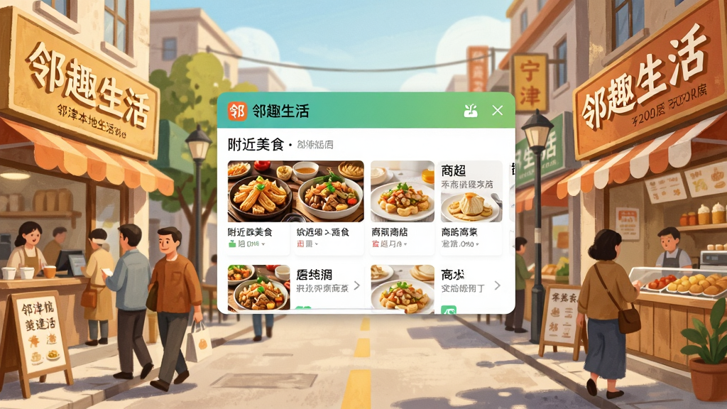 一张宁津本地生活街景的插画风格图片,画面中融入了“邻趣生活”APP的悬浮窗界面,展示着附近的美食店铺和商超列表,街道上人们悠闲地行走,店铺招牌清晰可见,整体画面明亮清晰,色彩温暖,构图平衡,风格写实且具有生活气息,画质细腻干净,无多余元素。