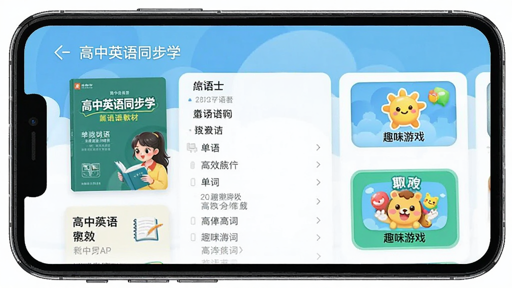 一张清晰展示高中英语同步学APP在手机上运行界面的图片,主体是APP主界面,包含教材封面、单词列表、趣味游戏入口等模块,布局整洁,排版清晰,风格现代简约,色彩明快,细节丰富,画质高清干净,无多余元素,屏幕上显示“高中英语同步学”字样,整体给人专业、高效、有趣的感觉。