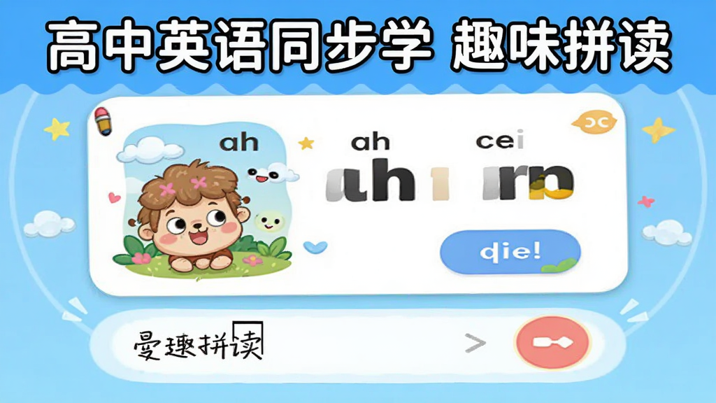 展示高中英语同步学APP中趣味拼读功能的界面,主体是一个单词卡片,配有生动的插图、音标和发音按钮,布局居中,排版活泼,风格卡通可爱,细节包括手写输入提示和录音按钮,画质高清,无多余元素,图片标注“高中英语同步学 趣味拼读”字样。
