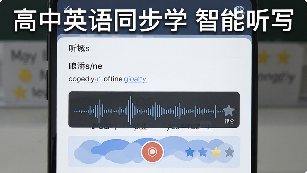 展示高中英语同步学APP中智能听写功能的界面,主体是听写页面,显示单词和例句,底部有录音按钮和评分结果,布局简洁,排版规范,风格专业,细节包括发音波形图和得分星星,画质高清,无多余元素,图片标注“高中英语同步学 智能听写”字样。