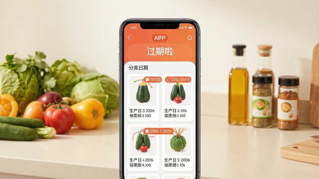 一张展示智能手机屏幕的图片,屏幕中显示“过期啦”APP的主界面,界面中有分类清晰的商品列表,每个商品带有生产日期和保质期倒计时标签,背景是干净的浅色厨房台面,上面摆放着新鲜的蔬果和瓶装调料,画面明亮温暖,风格写实,细节丰富,画质高清,干净无多余元素