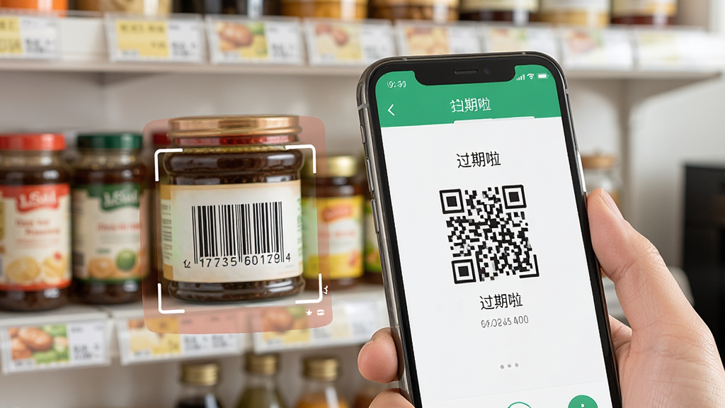 一张特写图片,画面中一只手拿着智能手机对准一瓶调味品的条形码进行扫描,手机屏幕上显示“过期啦”扫码成功后的商品信息录入界面,背景是模糊的厨房货架,整体风格简洁明亮,细节清晰,画质干净,无多余元素