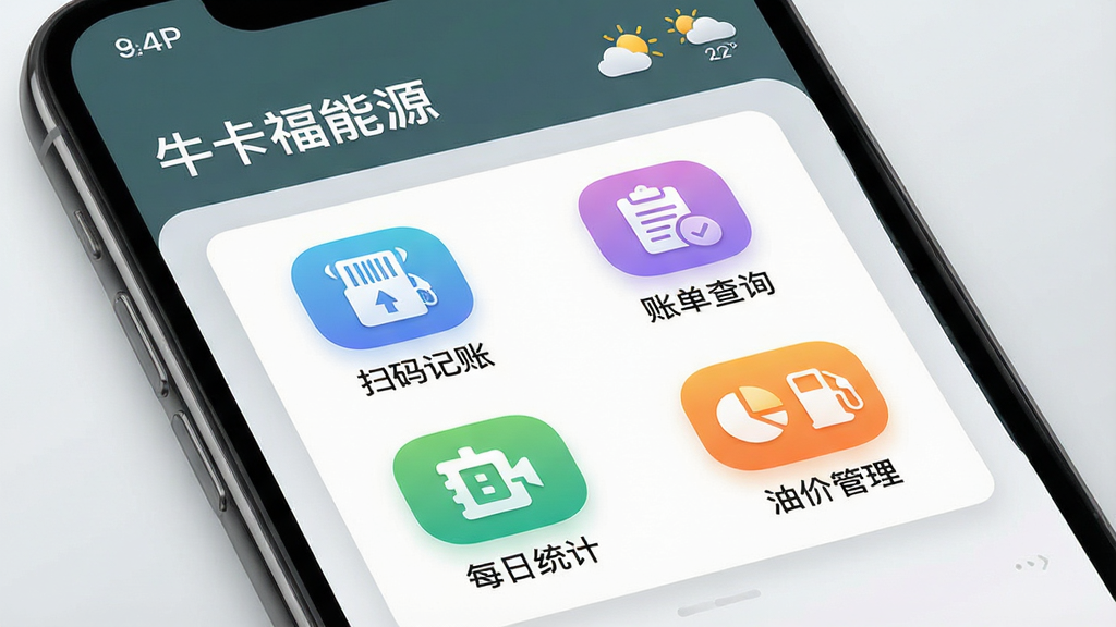 一张智能手机屏幕特写,屏幕中清晰显示“牛卡福能源”APP主界面,界面风格简洁商务,顶部有油站名称和天气信息,中部以卡片形式展示“扫码记账”、“账单查询”、“每日统计”、“油价管理”四个功能图标,图标圆润彩色,背景为浅灰色渐变,整体布局清爽,画质高清,干净无多余元素