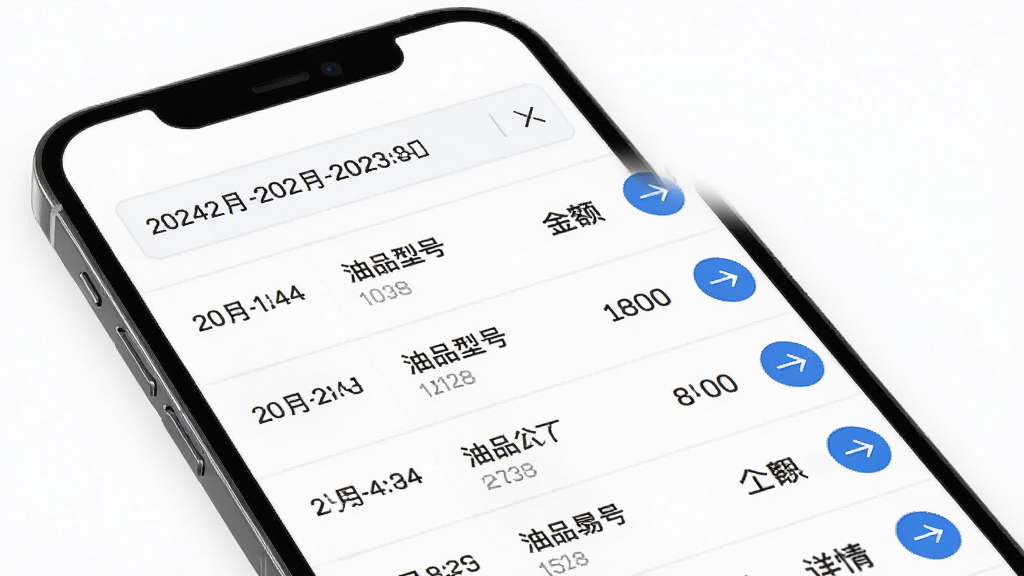 牛卡福能源APP账单查询功能界面预览图,手机屏幕中显示一个账单列表页面,列表顶部有日期筛选器,下方逐行显示交易时间、油品型号、金额等字段,每行右侧有蓝色圆形详情箭头,整体UI设计简洁现代,白色背景配以蓝色点缀,画质干净,无多余元素