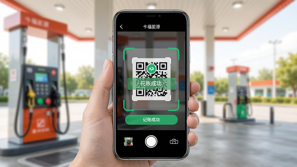 牛卡福能源APP扫码记账功能界面预览图,手机屏幕中显示扫描框对准一张二维码,扫描成功后界面弹出记账成功提示,背景是模糊的加油站场景,画面明亮,构图以手机屏幕为中心,突出扫码动作,风格写实,画质清晰,无多余元素