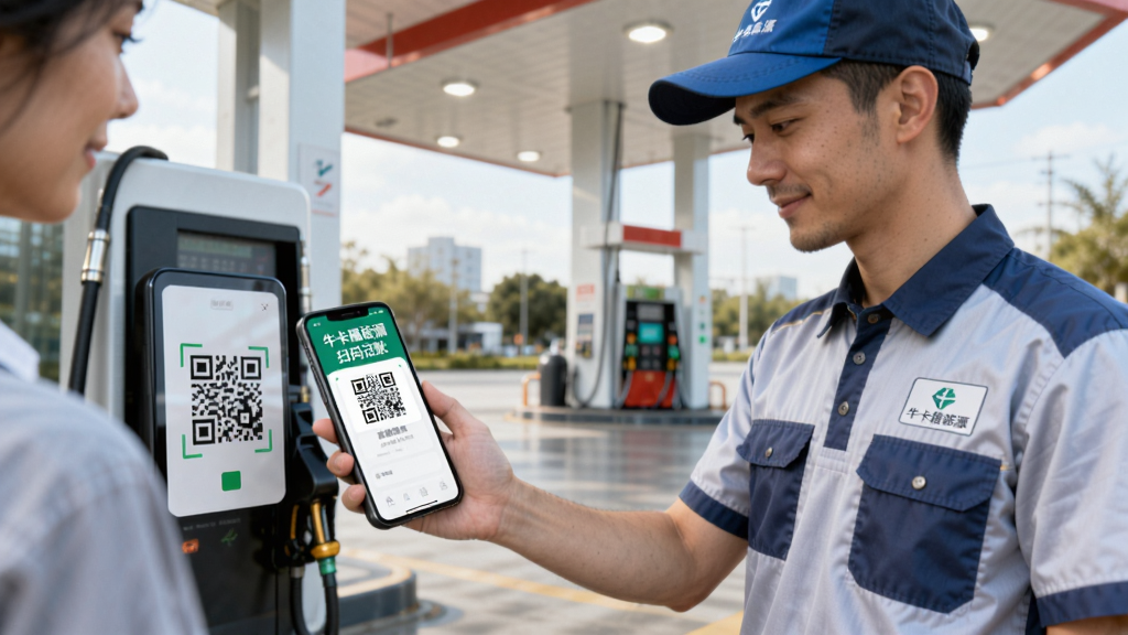 牛卡福能源APP使用场景示意图,一名加油站员工手持手机扫描客户手机上的二维码,手机屏幕显示“牛卡福能源”扫码记账界面,背景为现代加油站环境,员工穿着工作服,画面自然,光线明亮,构图清晰,画质干净