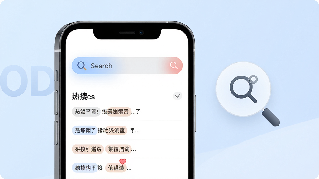 OD浏览器预览图,画面左侧为手机边框,屏幕内显示搜索栏与热搜列表,右侧悬浮放大镜图标,背景为淡蓝色渐变,布局简洁,排版清晰,采用现代简约风格,细节包含搜索高亮与热搜标签,画质高清,干净无多余元素