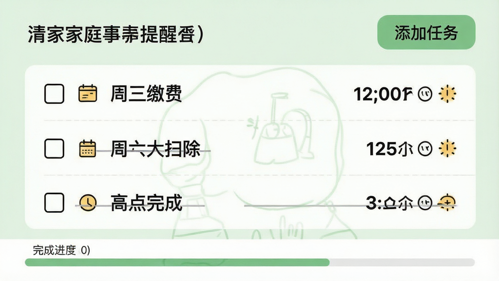 ���壺�����ܼҵļ�ͥ�������ѽ��棬��ʾһ�ܵĴ����嵥�������������ɷѡ�����������ɨ��������Ŀ�����֣��б�ʽ���֣�ÿ������ǰ�и�ѡ�������ʱ��ͼ�ꡣ�Ű棺���ּ�࣬ʱ����Ŀ������ɵ�������ɾ���ߡ���񣺼�Լ������񣬴��е�������ɫ������ϸ�ڣ������С��������񡱰�ť�������·�����ɽ����������ʣ����壬�ɾ����޶���Ԫ�ء�