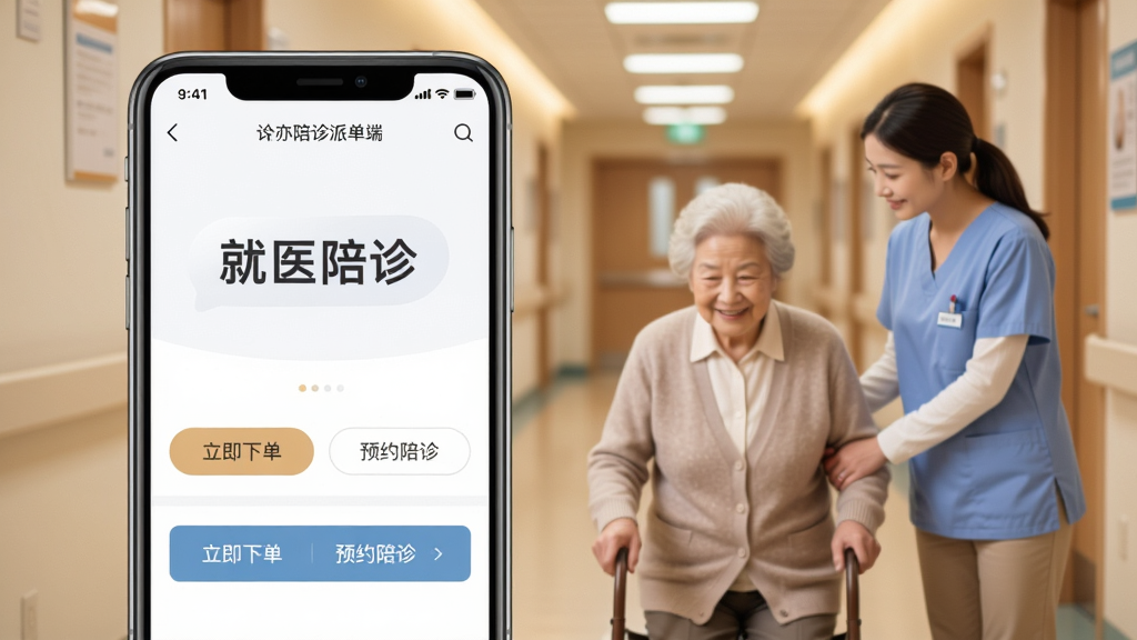画面中心展示一款名为“诠亦陪诊派单端”的智能手机应用界面,界面简洁清晰,上方显示“就医陪诊”字样,下方有“立即下单”“预约陪诊”等按钮,背景为温馨的医院走廊,陪诊人员正耐心搀扶一位老人,整体风格写实温暖,色彩柔和,画质干净,无多余元素