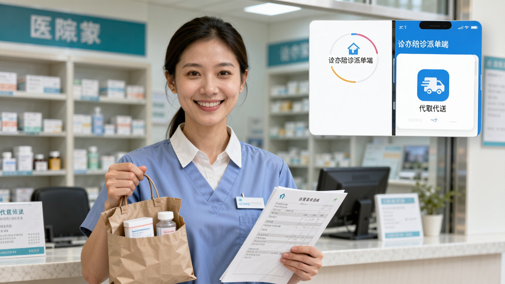 一幅陪诊人员手持药品袋和报告单的图片,背景为医院药房窗口,“诠亦陪诊派单端”应用界面悬浮于右上角,显示“代取代送”功能图标,陪诊员面带微笑,着装整洁,整体风格写实明亮,细节清晰,画质干净,无多余元素