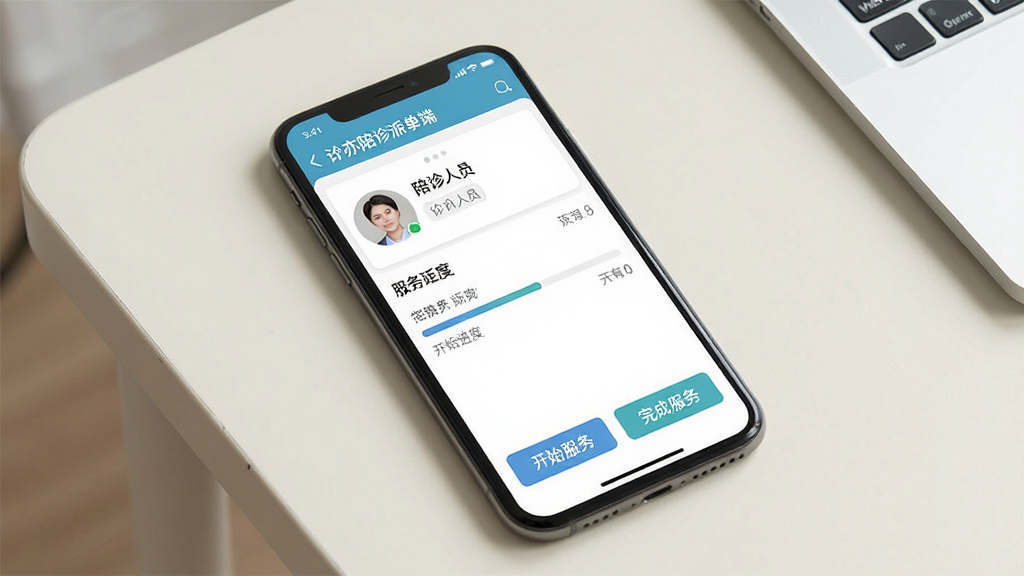 一幅展示手机应用内订单管理界面的图片,画面中央显示“诠亦陪诊派单端”订单详情页,包含陪诊人员头像、距离、服务进度条,底部有“开始服务”“完成服务”按钮,背景为简洁的浅色桌面,整体风格清爽简洁,界面元素清晰,画质干净,无多余元素