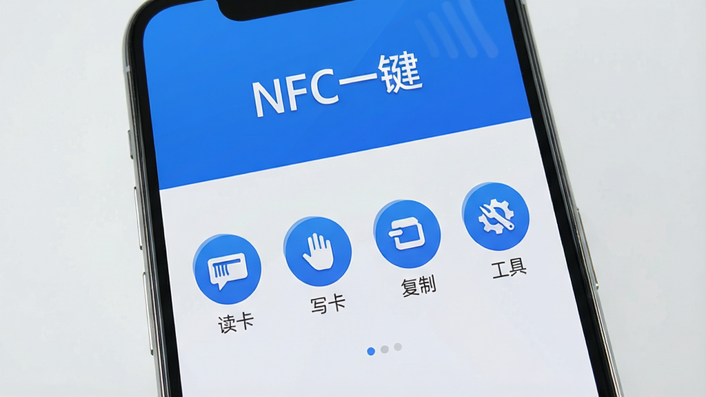 一张智能手机屏幕正显示NFC一键应用主界面,界面以蓝色为主色调,上方有“NFC一键”字样,下方整齐排列着“读卡”“写卡”“复制”“工具”等圆形图标,背景为浅灰色渐变,整体风格简洁现代,画质高清,干净无多余元素
