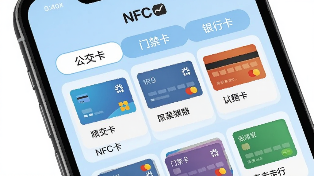 手机屏幕展示NFC一键的卡片管理界面,界面上以标签页形式分列“公交卡”“门禁卡”“银行卡”,每个分类下都有卡片缩略图和名称,背景为浅蓝色,整体布局整齐,色彩明快,画质干净