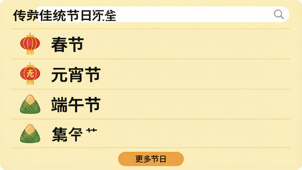 主体:“传统佳节日历大全”应用内节日列表页面,以列表形式展示“春节”、“元宵节”、“端午节”等节日名称,每个节日旁边配有相应的图标,如灯笼、粽子。布局:列表从上到下依次排列,节日名称字体较大,图标位于左侧。排版:清晰的分隔线,背景为浅黄色。风格:简约实用,图标风格统一。细节:列表顶部有搜索栏,底部有“更多节日”按钮。画质:高清,干净,无多余元素。