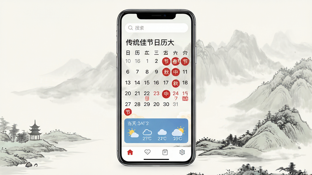 主体:一款名为“传统佳节日历大全”的手机应用界面,屏幕展示公历与农历对照日历,日历中标注了“春节”、“中秋”等红色传统节日标记,背景为淡雅的中国风水墨山水画。布局:手机居中,屏幕内容清晰可见,周围留白,下方有简洁的功能图标。排版:界面整洁,日期数字清晰,节日名称用红色小字标注。风格:清新淡雅,融合现代扁平化设计与传统元素。细节:日历下方显示当天的天气信息图标,顶部有搜索框。画质:高清,干净,无多余元素。