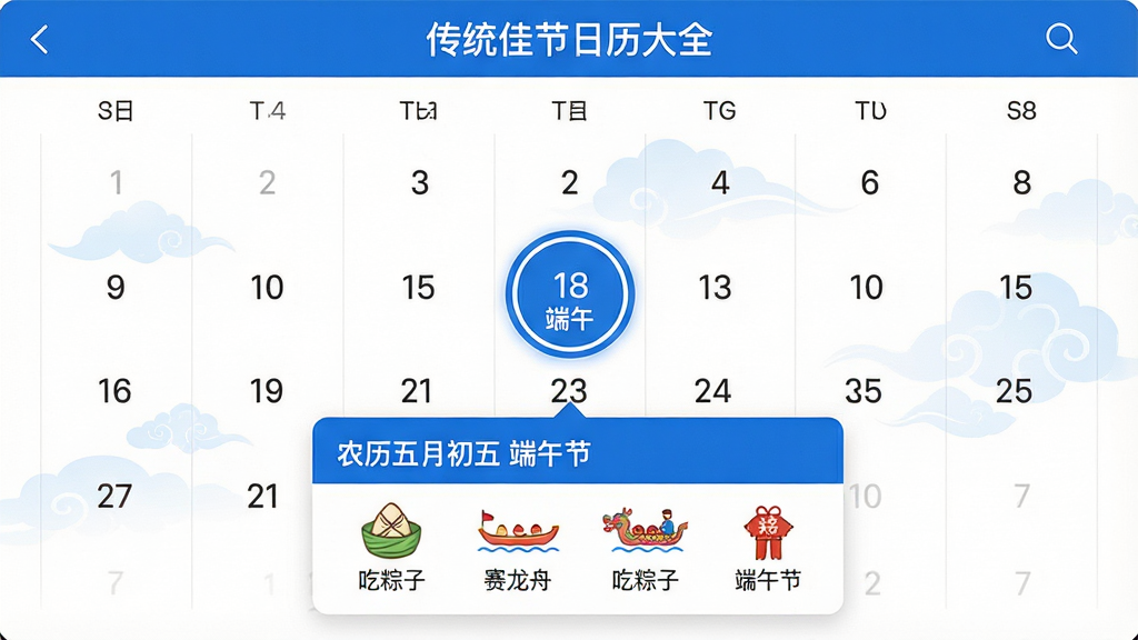 主体:“传统佳节日历大全”应用日历页面,日历网格显示,其中一个日期被选中并放大显示,下方弹出信息卡片显示“农历五月初五 端午节”。布局:日历占据屏幕上方,信息卡片位于下方。排版:日期数字规整,选中日期有蓝色圆环高亮。风格:简洁现代,蓝色与白色主色调。细节:卡片上还有“吃粽子”、“赛龙舟”等民俗图标。画质:高清,干净,无多余元素。
