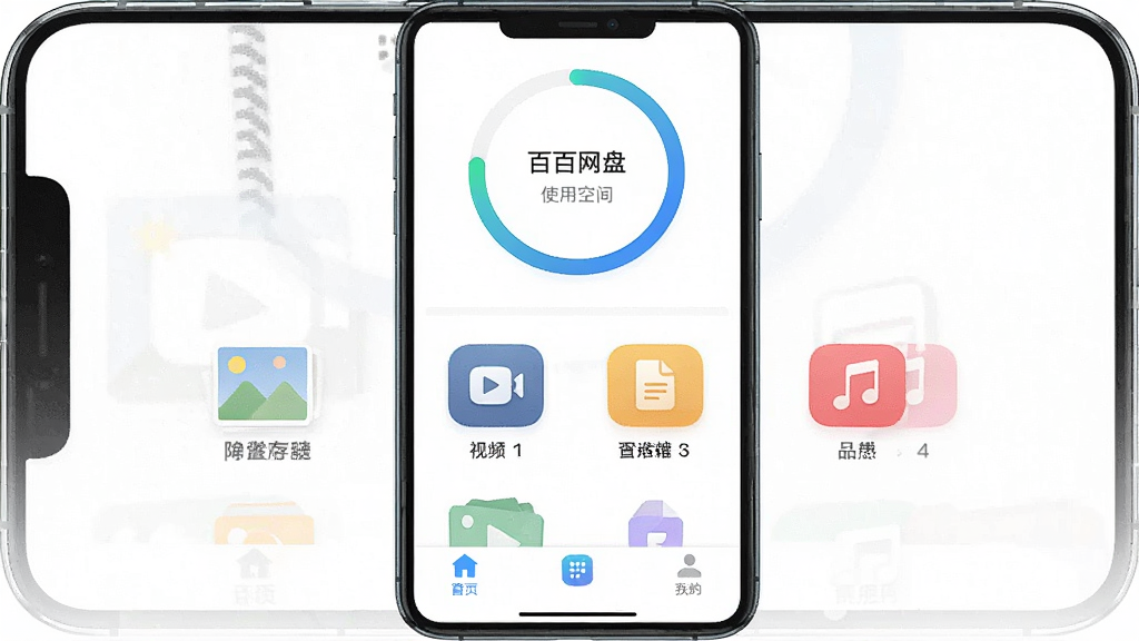 一张展示百百网盘免费APP核心界面的高清截图,主体为手机屏幕内APP主界面,布局上方显示云存储空间使用情况的圆形进度环,中部为照片、视频、文档、音频等分类图标整齐排列,底部为功能导航栏,风格现代简约,细节清晰,画质干净,无多余元素