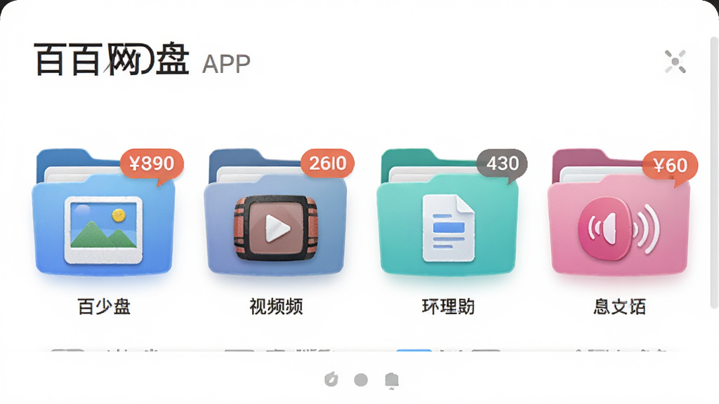百百网盘免费APP的智能文件分类界面预览图,主体为APP内部分类展示页面,布局为照片、视频、文档、音频四个彩色文件夹图标横向排列,每个文件夹上显示文件数量角标,风格清新明亮,细节展示图标质感,画质干净,无多余元素