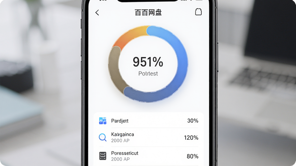 百百网盘免费APP的空间管理仪表盘界面图,主体为手机APP界面,布局中央为一个大圆环图显示存储空间占用比例,下方列出各类型文件占用空间的具体数据列表,风格商务简洁,数据可视化清晰,细节注重图表质感,画质干净,无多余元素