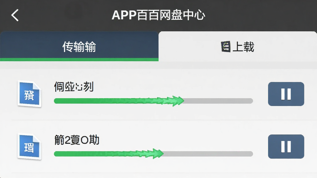 百百网盘免费APP的传输任务管理界面截图,主体为APP内传输中心页面,布局为上传与下载两个标签页,下方为任务列表,每个任务显示文件名、进度条与暂停按钮,风格实用清晰,细节展示进度动画效果,画质干净,无多余元素