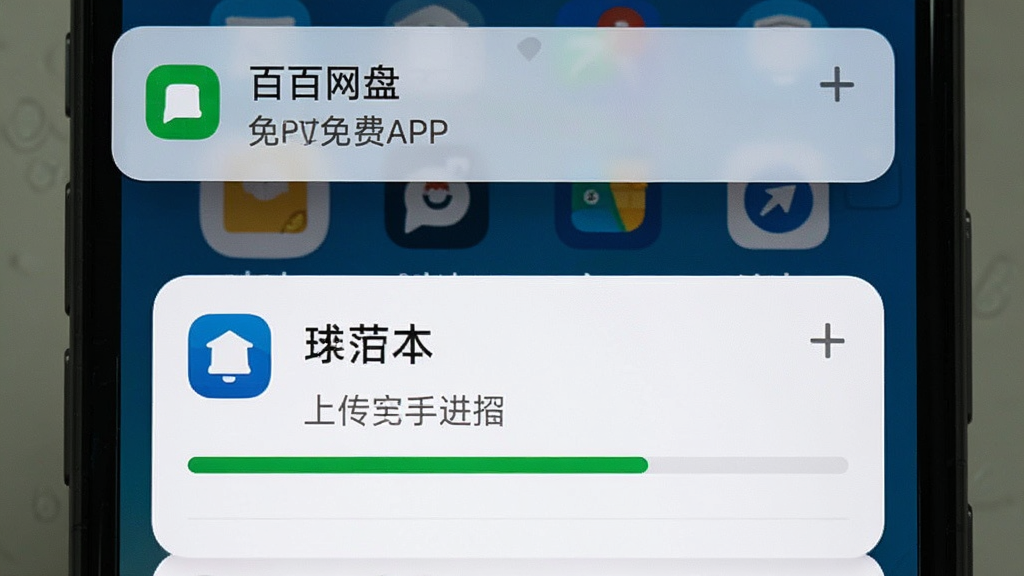 一张展示百百网盘免费APP在手机后台运行与文件上传成功通知的截图,主体为手机通知栏下拉界面与APP后台任务卡片,布局上方为通知栏,中部为应用后台卡片显示上传进度完成状态,风格写实,细节展示通知图标与应用名称,画质干净,无多余元素