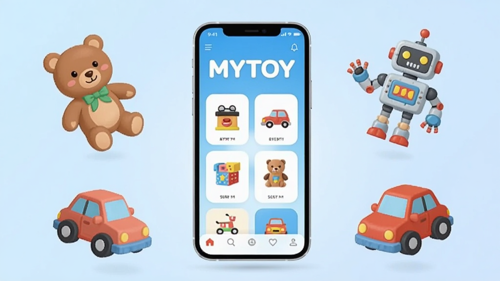 主体为一部亮着屏幕的智能手机,屏幕上显示MYTOY应用界面,界面中有分类整齐的玩具图标和醒目的大字“MYTOY”,手机周围漂浮着几个可爱的玩具模型,如小熊、机器人、小汽车,背景为柔和的浅蓝色渐变,布局采用中心构图,手机位于画面中央,排版简洁清爽,风格为现代扁平插画风格,细节精致,画质清晰干净,无多余元素。