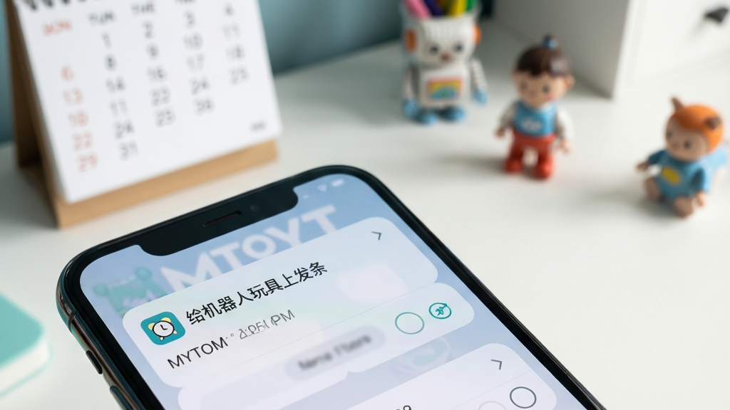 主体为一部手机屏幕特写,屏幕上弹出MYTOY应用的提醒通知,内容为“给机器人玩具上发条”,通知栏上方有闹钟图标,背景为虚化的桌面场景,桌面上有日历和几个小型玩具,布局采用对角构图,手机位于左下角,排版简洁明了,风格为现代清新风格,细节包括时间戳和提醒选项,画质高清干净。