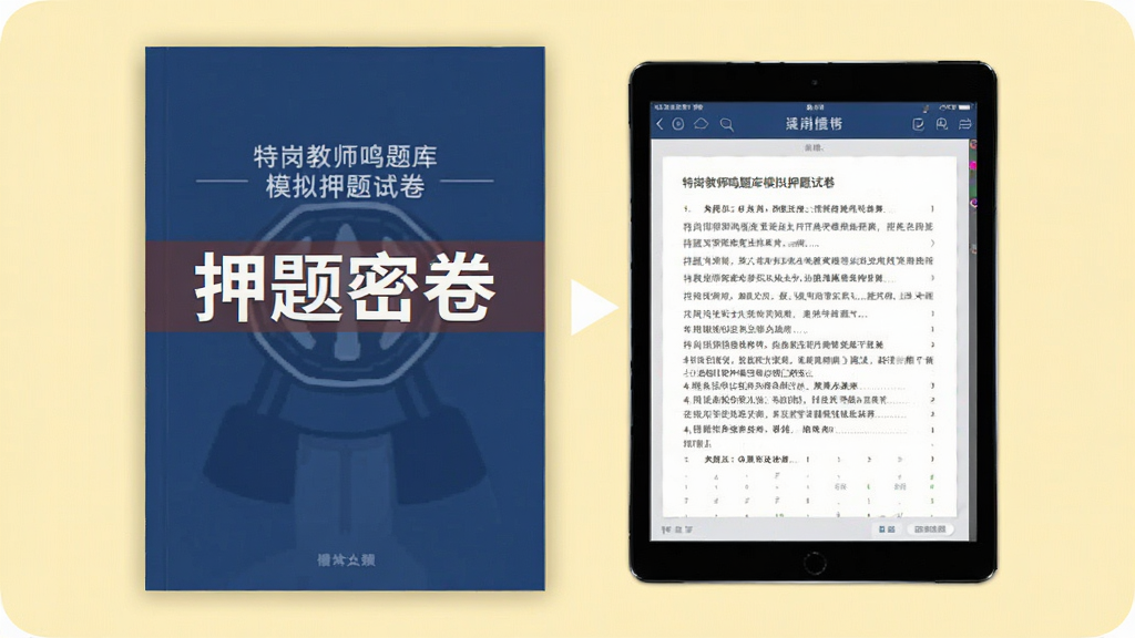 特岗教师鸣题库模拟押题试卷展示图,试卷封面上有“押题密卷”字样,旁边摆放平板电脑显示答题界面,背景为淡黄色,整体风格专业,画质清晰,无多余元素