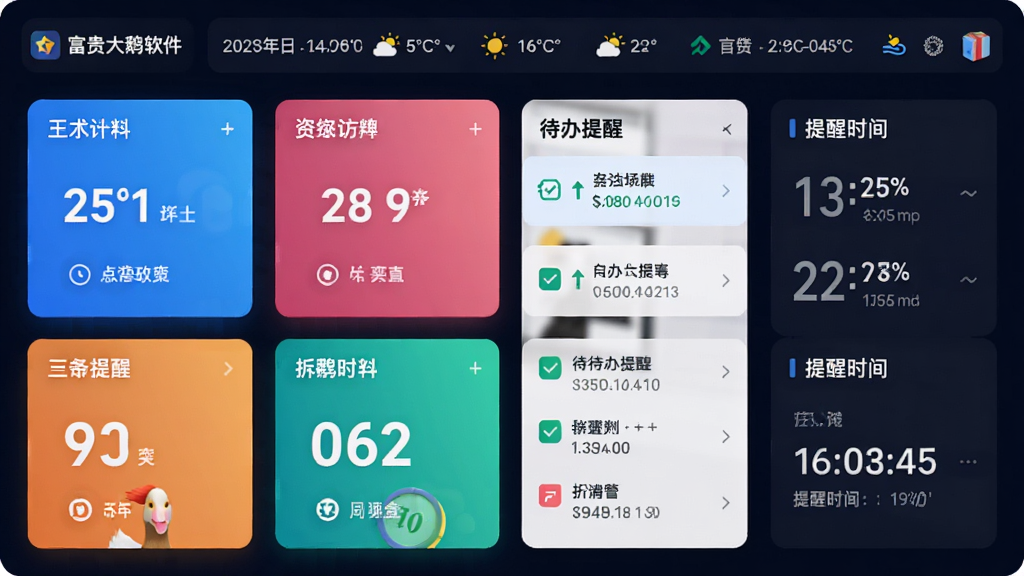 富贵大鹅软件总览看板界面,展示统计数字卡片、待办提醒列表和提醒时间,界面顶部有日期天气信息,风格现代化,数据清晰,色彩明亮,画质干净