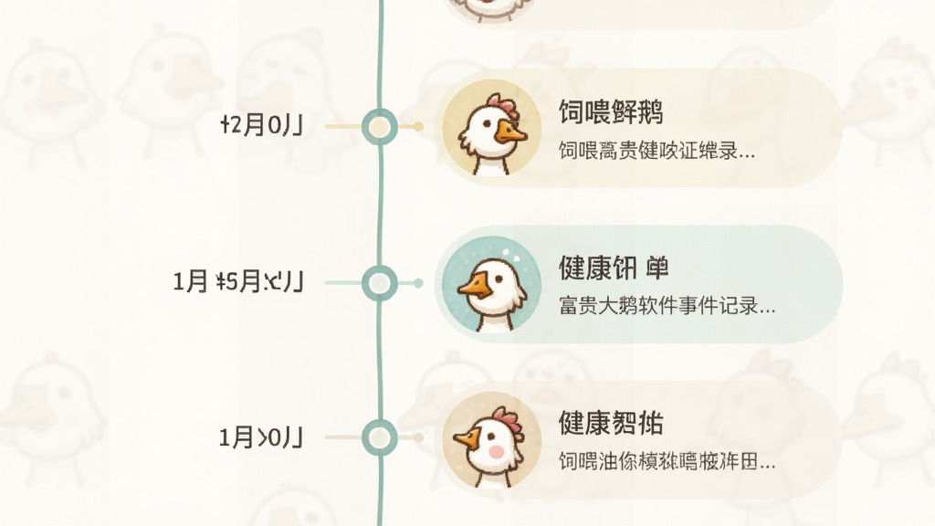 富贵大鹅软件事件记录时间线界面,展示饲喂和健康事件的时间节点、图标和文字详情,界面采用纵向时间轴布局,色彩淡雅,图标形象,画质高清,无多余元素
