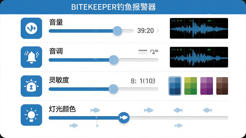 主体:BITEKEEPER钓鱼报警器设置界面展示“音量”“音调”“灵敏度”“灯光颜色”四个滑动条,旁边有模拟波形图。布局:界面居中,上下排列,每个调节项配有图标。排版:简洁列表式,字体清晰,当前值用数字显示。风格:扁平化设计,蓝色主调,白色背景。细节:灯光颜色选项展示色块,灵敏度滑动条上有小鱼图标。画质:高保真,界面干净,无多余元素。