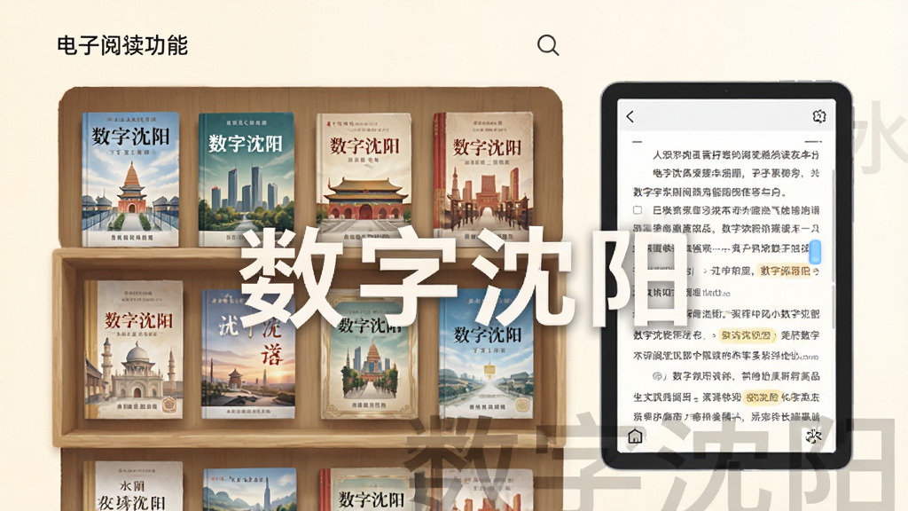 数字沈阳阅读功能界面,展示电子书架、阅读器页面,背景为柔和米白色,书籍封面排列整齐,界面简洁,突出“数字沈阳”水印,画质细腻,无多余元素。