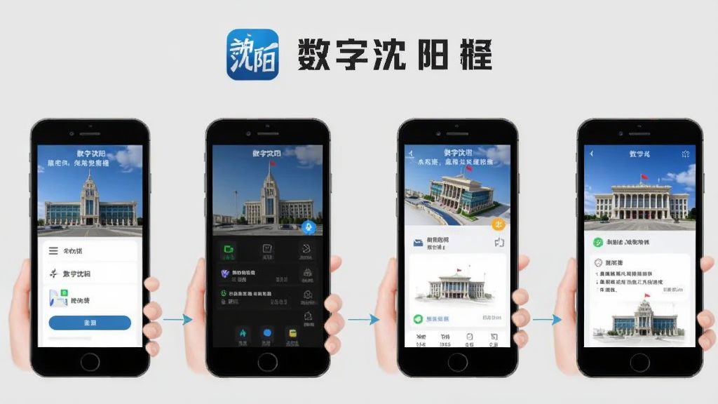 数字沈阳使用教程插图,展示手机操作步骤,背景为浅灰色,包含“数字沈阳”logo,布局清晰,画质干净,无多余元素。