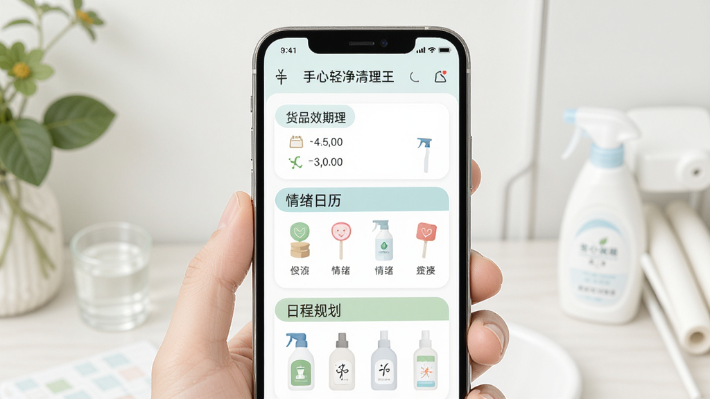 手心轻净清理王是一款生活整理工具,主视觉展示手机屏幕界面,界面布局清晰显示货品效期管理、情绪日历和日程规划三大板块,风格简约明亮,采用扁平化设计,色彩清新自然,画质干净,无多余元素