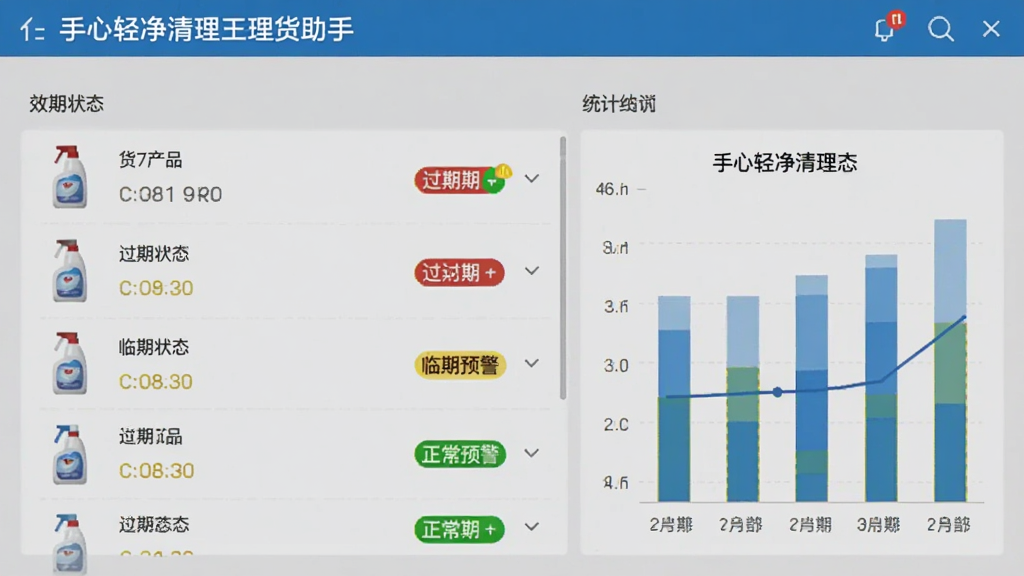 手心轻净清理王理货助手界面截图,展示货品列表和效期状态标签,包括过期、临期预警和正常三种颜色标识,界面简洁直观,背景为浅灰色,配有统计图表,画质清晰,无多余元素
