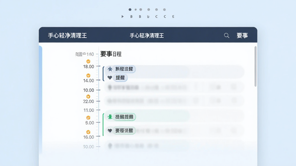 手心轻净清理王日程管理界面,展示时间线布局,区分要事和日程两个区域,带有提醒标记,界面风格商务简洁,背景为浅蓝色,画质干净,无多余元素