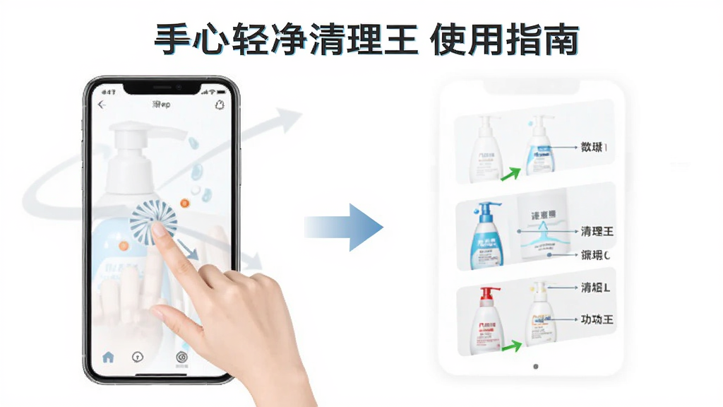 手心轻净清理王使用指南示意图,展示手机操作手势和功能区域标注,风格简约,背景为白色,配有步骤箭头,画质干净,无多余元素