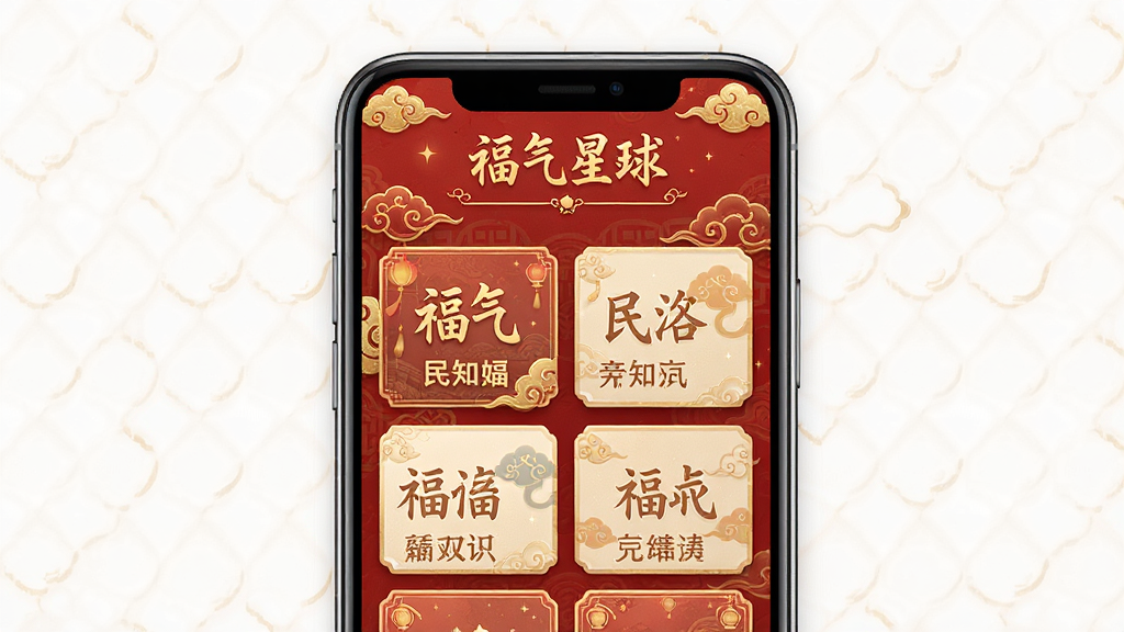 福气星球应用主界面预览图,手机屏幕显示软件首页,包含传统红色调与金色装饰,顶部有“福气星球”字样,下方排列着多个民俗知识卡片,背景为祥云纹样,整体风格典雅大气,高清渲染,干净无多余元素