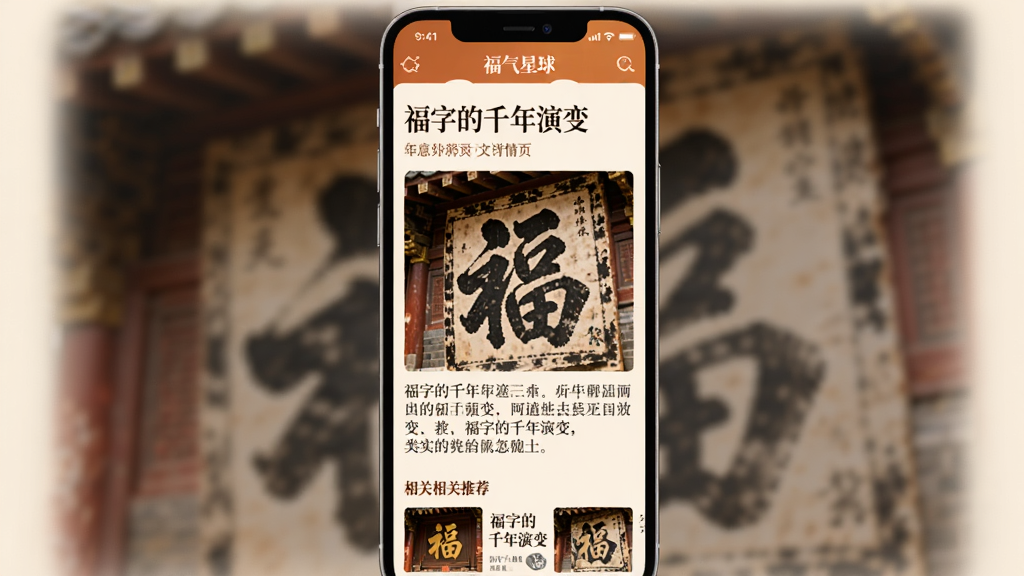 福气星球文章详情页展示,手机竖屏界面,文章标题“福字的千年演变”,正文配以古建筑上的福字拓片图片,下方有相关推荐,整体色调温暖,软件名称“福气星球”在顶部导航栏,高清细腻