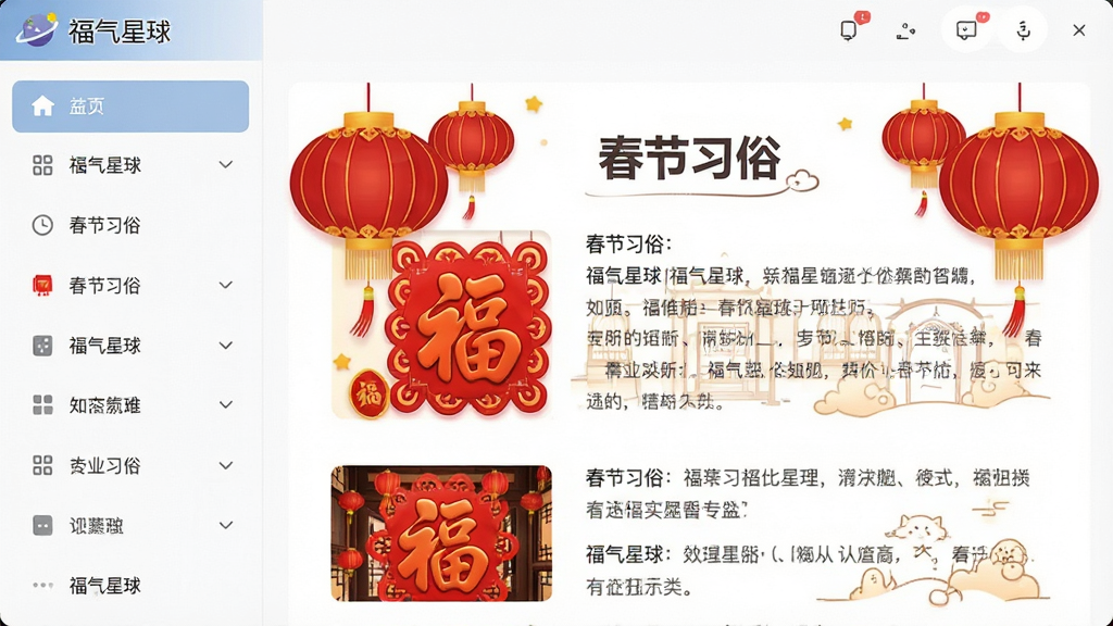 福气星球知识分类界面截图,左侧为分类导航列表,右侧展示“春节习俗”专题文章,配以红色灯笼和福字插图,界面简洁清晰,带有软件名称“福气星球”标识,高清画质,干净整洁