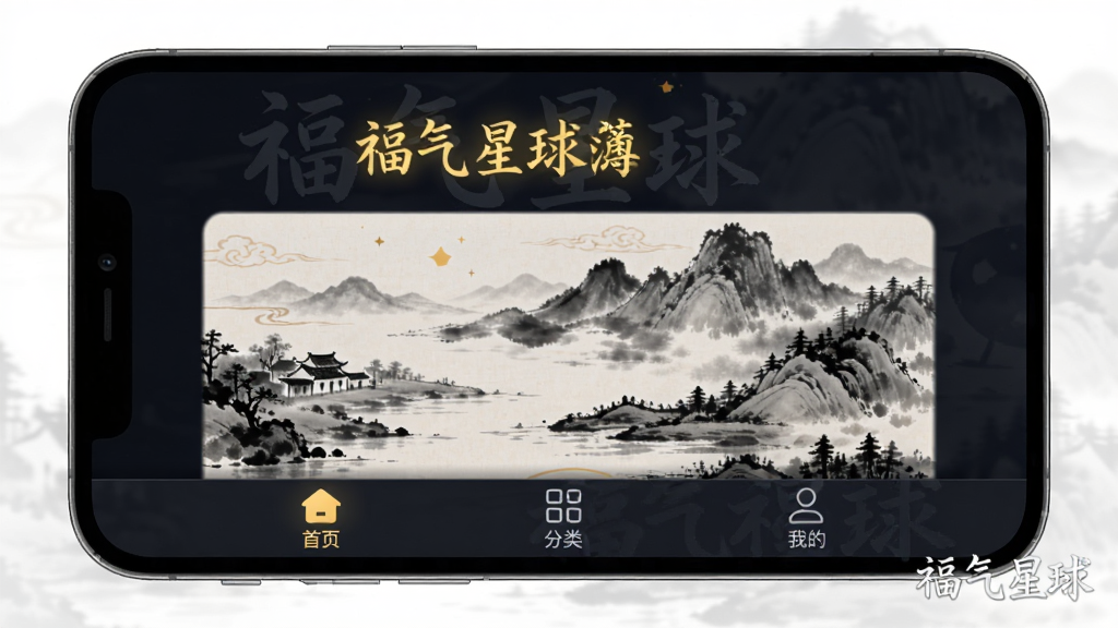 福气星球夜间模式界面预览,深色背景搭配暖黄色文字,文章配图为水墨风格山水画,底部导航栏有“首页”、“分类”、“我的”三个图标,整体氛围安静舒适,带有软件名称“福气星球”水印,高清渲染