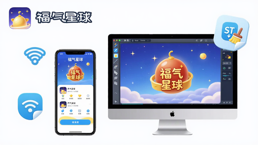 福气星球使用教程插图,手机和电脑并排展示,手机屏幕显示应用界面,电脑屏幕显示模拟器运行福气星球,周围有WiFi图标和缓存清理图标,风格简洁明了,带有软件名称“福气星球”,高清干净