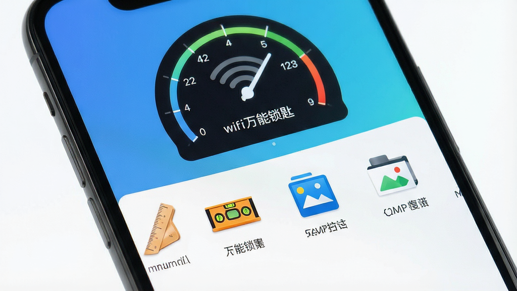 一张智能手机屏幕截图,展示wifi万能锁匙应用的主界面,界面顶部显示网络速度测试仪表盘,下方排列着直尺、水平仪、图片压缩等工具图标,背景为清新的蓝白渐变,整体风格简洁现代,界面布局清晰,画质干净,无多余元素,图片中文字标注