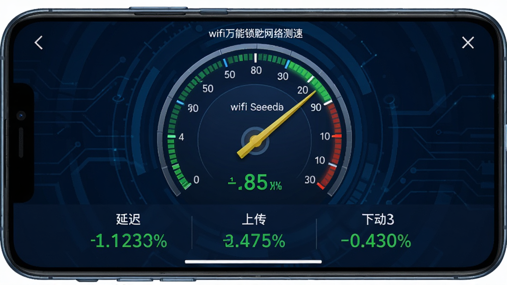 一张智能手机横屏截图,展示wifi万能锁匙的网络测速界面,界面中央显示一个大大的速度仪表盘,指针指向高速区域,下方分别显示延迟、上传、下载三个数值,背景为深蓝色科技感风格,数据以绿色和白色字体突出显示,画质清晰,无多余元素,图片中文字标注