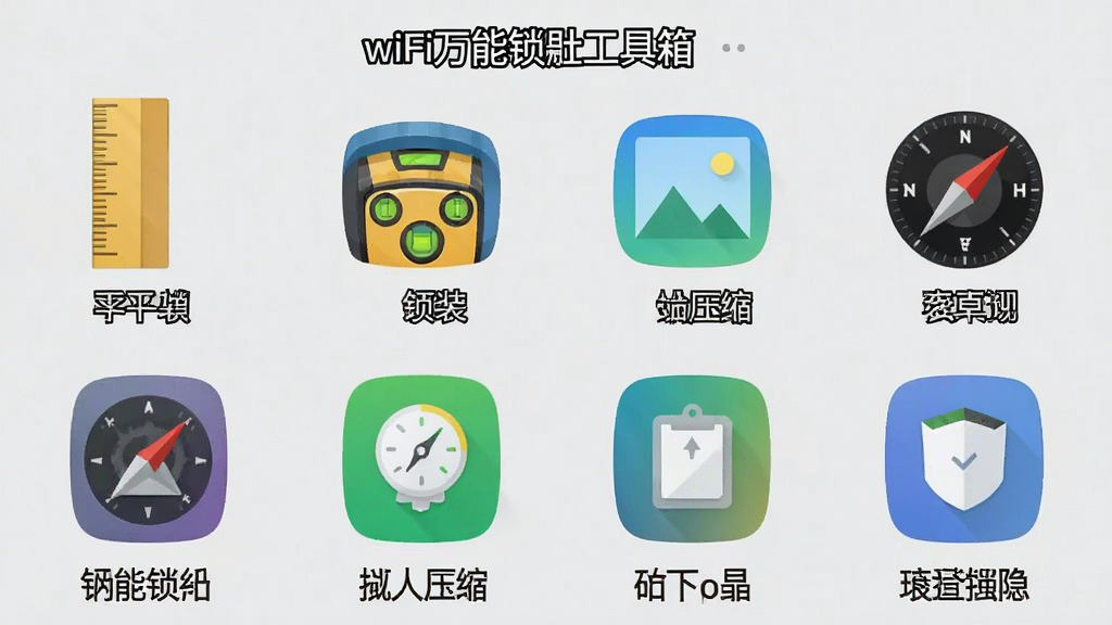 一张智能手机竖屏截图,展示wifi万能锁匙的工具箱界面,网格状排列着直尺、水平仪、图片压缩、指南针等图标,每个图标下方有中文名称,背景为浅灰色,图标色彩鲜艳,整体界面简洁明了,画质干净,无多余元素,图片中文字标注