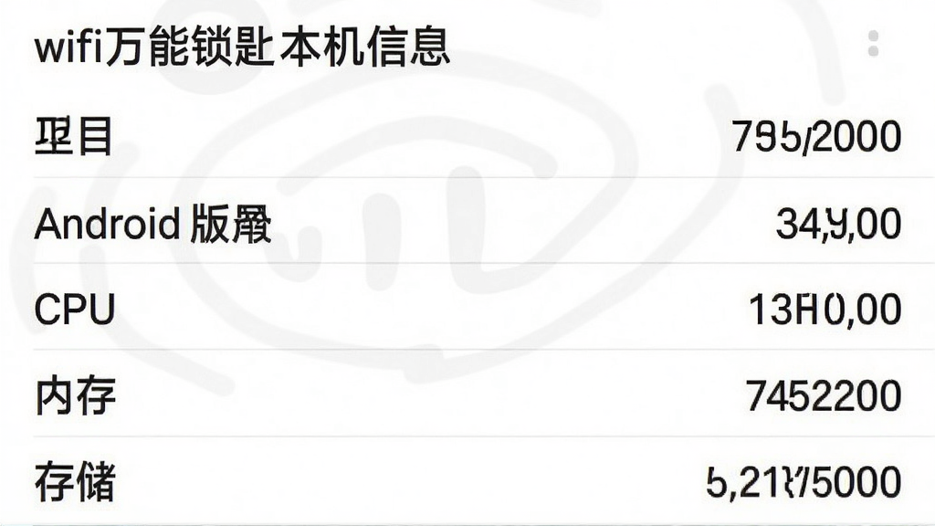 一张手机截图,展示wifi万能锁匙的本机信息界面,以列表形式显示设备型号、Android版本、CPU、内存、存储等信息,每行左侧为项目名称,右侧为具体数值,背景为白色,文字黑色,整体简洁清晰,画质干净,无多余元素,图片中文字标注