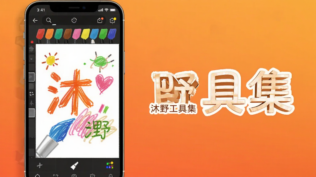 沐野工具集多功能画板功能预览图,手机界面显示彩色画笔和画布,画布上有简单的涂鸦作品,背景为暖色调,突出“沐野工具集”文字,画质清晰,色彩丰富。